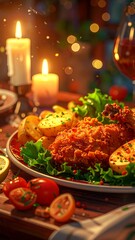 Warm, inviting feast scene with fried chicken, potatoes, and wine in a blurred background