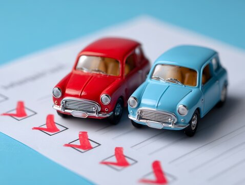 赤と青のミニカーを並べて比較検討するチェックリスト付き自動車選びの判断イメージ写真