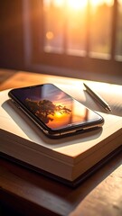 Warm light catches a phone on a book with a pen, near window, creating a serene, focused scene