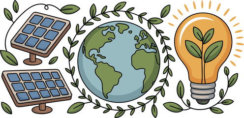 Eco friendly green energy concept vector with solar panels earth globe and light bulb with leaves for ecology sustainability.