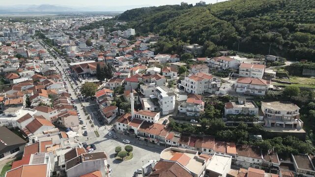 Establishing video of Ulcinj, a historic coastal town in southern Montenegro. Aerial footage, panoramic view.