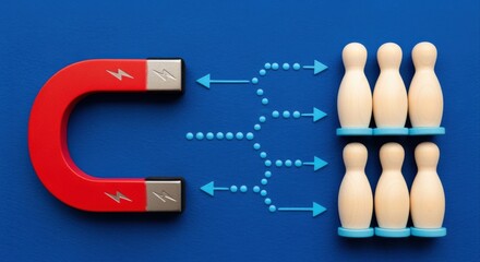 Lead Generation Concept: Magnet Attracting Customers, Illustrating Business Growth and Marketing Strategy on Blue Background