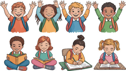 Diverse group of happy school children with backpacks reading and writing in books for elementary education vector illustration.