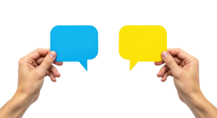 Two hands holding blue and yellow speech bubbles against black background image, Isolated On Png Transparent Background
