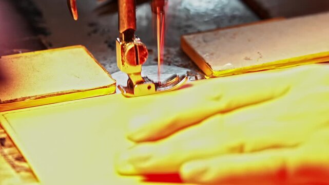 Close up view of workers hands guiding leather fabric through sewing needle and thread machinery equipment creating detailed stitching inside apparel workshop craft and textile production industry