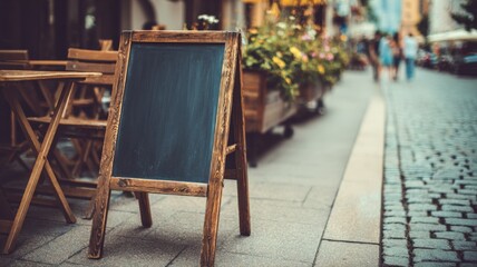 Blank chalkboard sign stands on a city sidewalk outside a restaurant, copy space available