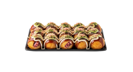 Japanese Takoyaki balls with octopus tentacles drizzled with sauce and toppings food, Isolated On Png Transparent Background