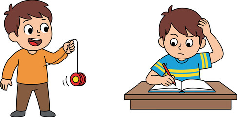 Flat vector illustration set of a happy boy playing with a red yoyo and a student studying at a desk.