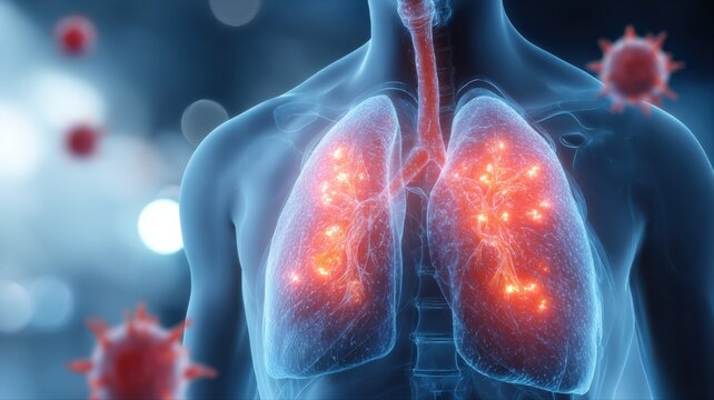 Human Respiratory System Affected by Virus Infection, Pneumonia Medical Illustration on Blue Background - Powered by Adobe