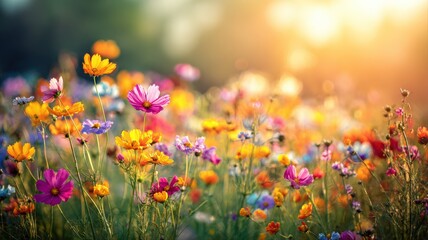 Fototapeta premium Vibrant Cosmos Flowers in a Meadow Bathed in Golden Sunlight, Evoking Joy and Warmth
