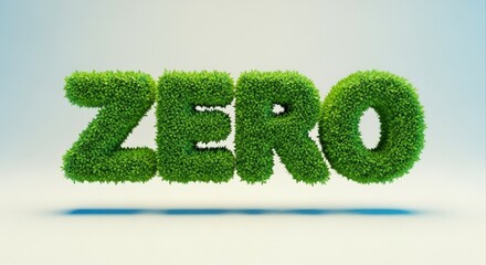 Lush green 'Zero' typography symbolizing net zero emissions and environmental sustainability initiative on bright background
