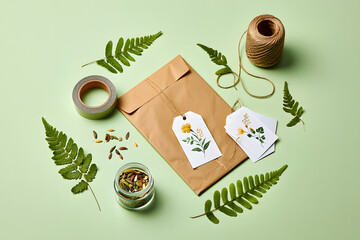 Sustainable packaging Flat lay compostable mailer kraft tape seed paper tag natural light eco