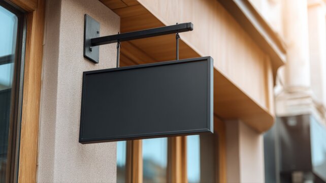 Blank black sign mockup hanging on wall, perfect for restaurant, shop, or business branding