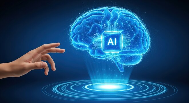 Artificial Intelligence Brain Interface with Hand: Futuristic Concept of Machine Learning and Digital Transformation - Powered by Adobe