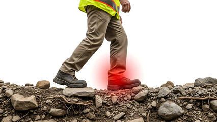 Ankle pain or injury concept. Worker in safety boots walking on rocky terrain with highlighted painful ankle, workplace safety.