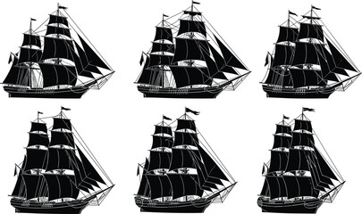 Set of six black silhouettes of vintage tall sailing ships with multiple masts and sails, nautical ocean travel, cad drawing flat vector illustration, © farzana