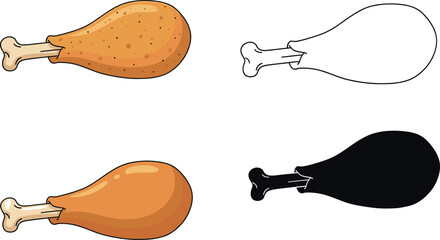 Chicken drumstick vector set with fried flat line art and silhouette styles isolated on white background for food icons.