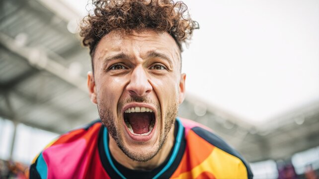Passionate soccer fan shouts with excitement, displaying intense emotion during a game at the stadium