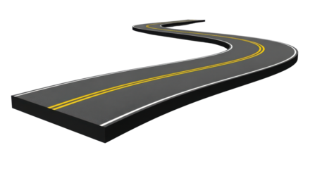 Winding asphalt road with yellow double lines on black background highway street, Isolated On Png Transparent Background