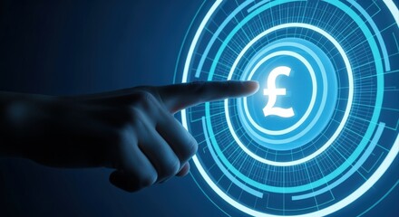Pound Digital Currency Activation: Hand Touching a Glowing Interface with Financial Symbol in a Futuristic Design
