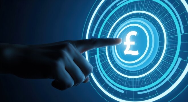 Pound Digital Currency Activation: Hand Touching a Glowing Interface with Financial Symbol in a Futuristic Design - Powered by Adobe