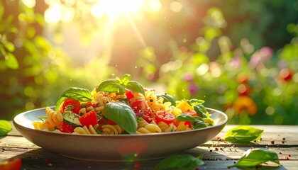바질과 방울토마토를 곁들인 신선한 가든 파스타 샐러드 Fresh Garden Pasta Salad with Basil and Cherry Tomatoes