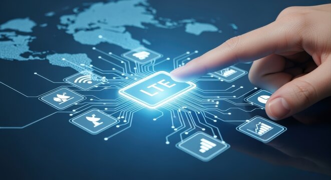 LTE Technology Concept: Hand Touching Digital Interface with Global Network and Communication Icons, Blue Toned - Powered by Adobe