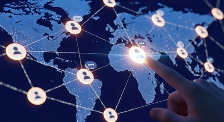 Global Network Connection: Finger Touching a Worldwide Social Media Communication Network, Showing Global Digitalization and Interconnectivity