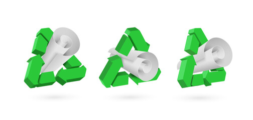 3d green recycling logo, swirling around paper in three different perspectives, to promote waste separation campaigns on world Recycling day, 3D vector illustration for advertising design