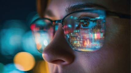 Focused Young Adult with Glasses Reflecting Data, Code, and Technology on Screen at Night