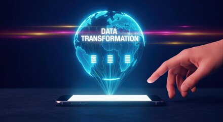 Data Transformation Concept with Holographic Earth Projection on Mobile Device, Representing Future Technology and Business Innovation