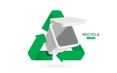 Green recycle logo swirls around an empty white trash can with an open lid, all floating in the air to promote waste separation campaigns on world Recycling day, vector 3d isolated for design