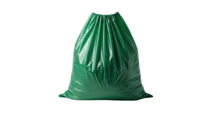Full green plastic garbage bag with drawstring closure on black background trash, Isolated On Png Transparent Background
