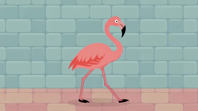 Pink coordin Page Page flamingo walking on a brick floor against a blue brick wall Page.