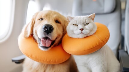 Happy dog and cat wearing travel neck pillows, sitting together on an airplane seat, showcasing companionship during travel adventures