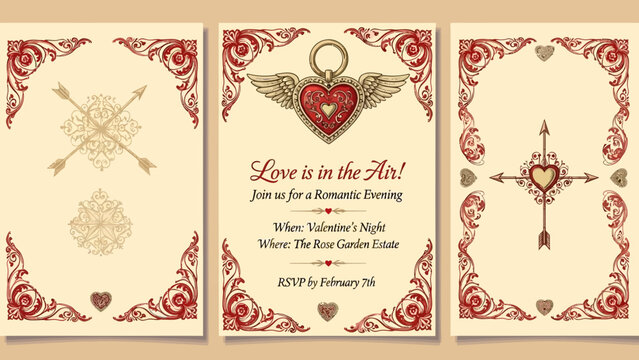 Three vintage-style Valentine's Day invitation cards with ornate red borders, hearts, and romantic motifs on a cream background. - Powered by Adobe
