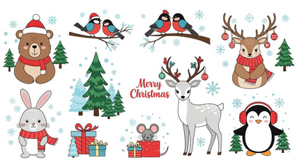 Cute cartoon Christmas animals with festive decorations and winter elements.