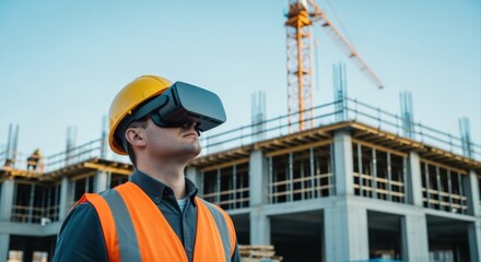 Construction Worker Using Virtual Reality Headset at Construction Site for Enhanced Visualization and Planning