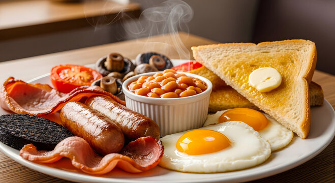 Delicious full english breakfast plate with bacon and eggs