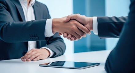 Business Handshake Over Tablet: Symbolizing Partnership, Agreement, and Technology in a Modern Workspace