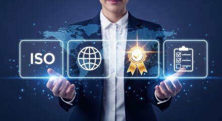 Quality Assurance and Standards: Business Professional Demonstrating ISO Compliance with Technology Icons and World Map