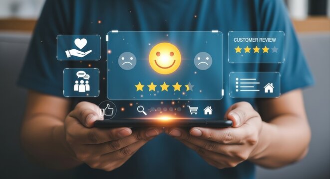 Customer Experience Management: Person Holding Phone Displaying Positive Feedback and Online Satisfaction Rating Interface