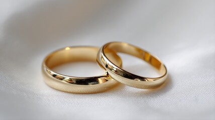 Two golden wedding rings, symbolizing love and commitment, resting on a white satin fabric background.
