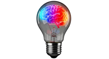 Transparent light bulb containing a colorful glowing brain on black background lightbulb idea, Isolated On Png Transparent Background