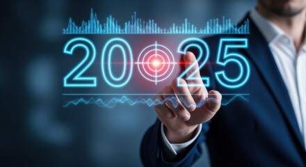 Targeting Success: A Businessman's Strategic Focus on Achieving 2025 Goals with Futuristic Technology Interface