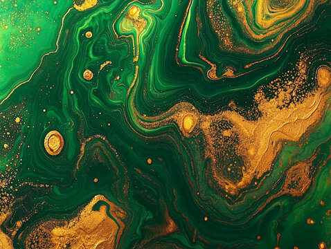Abstract fluid art with vibrant emerald green swirls and luxurious gold marbling, featuring shimmering glitter and dynamic, flowing lines