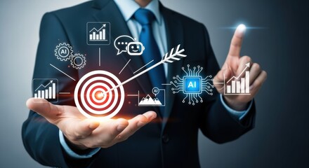 Business person presenting digital information, innovative AI and target achievement graphic over open palm, success, futuristic concept