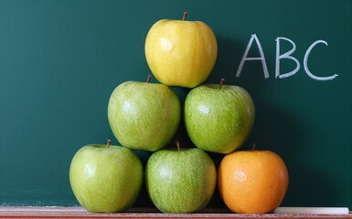Green and yellow apples pyramid on chalkboard with "ABC" written beside them.