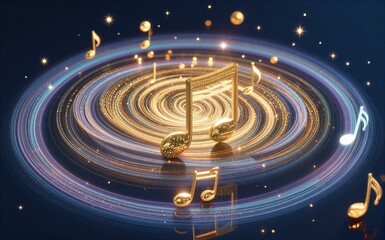 Obraz premium Golden music note spins on starry night, glowing trails swirl beneath cosmic stars.
