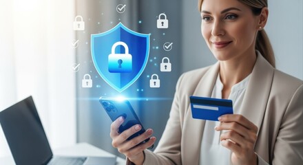 Woman using secure online banking app on her smartphone with credit card for safe transaction